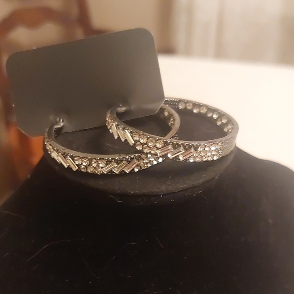 Gunmetal Toned And Clear Rhinestone Pierced Fashion Hoop Earrings - Picture 3 of 17